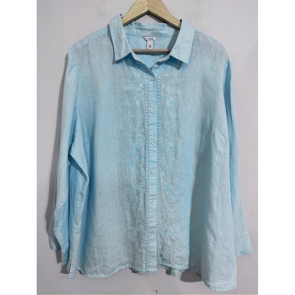 L.L. Bean Women's Aqua Blue Linen Embroidered Button-Up Shirt size 2X Coastal